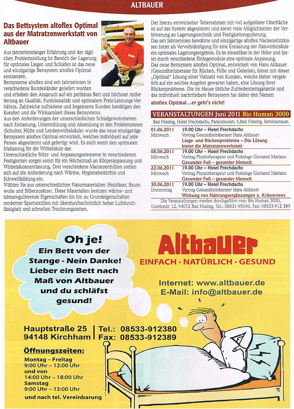 Das Bettsystem altoflex Optimal aus der Matratzenwerkstatt von Altbauer - Pocking aktuell im Juni 2011